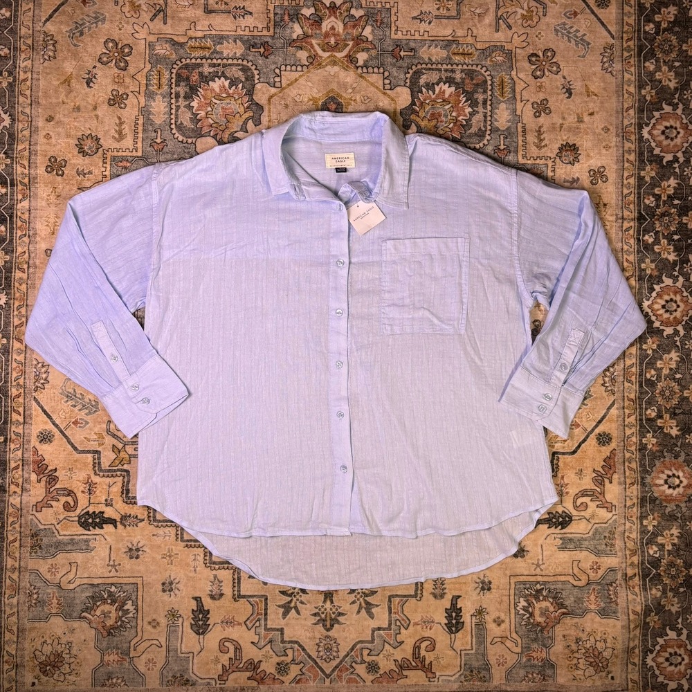 American Eagle Blue Textured Button Down Shirt Oversized Lounge XL New with Tags